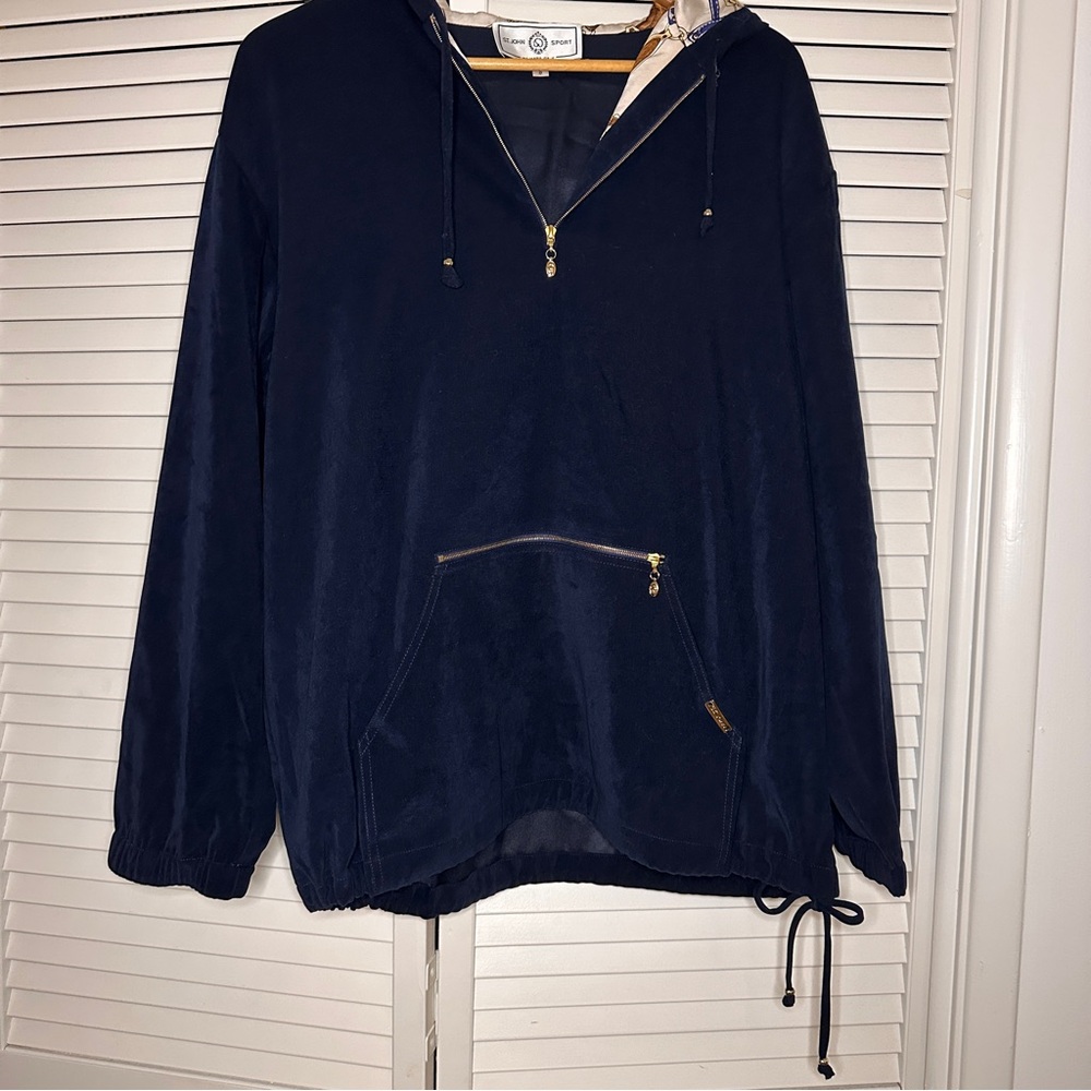 St. John Sport by Marie Gray Navy 1/4 Zip  Hooded Drawstring Waist Pullover